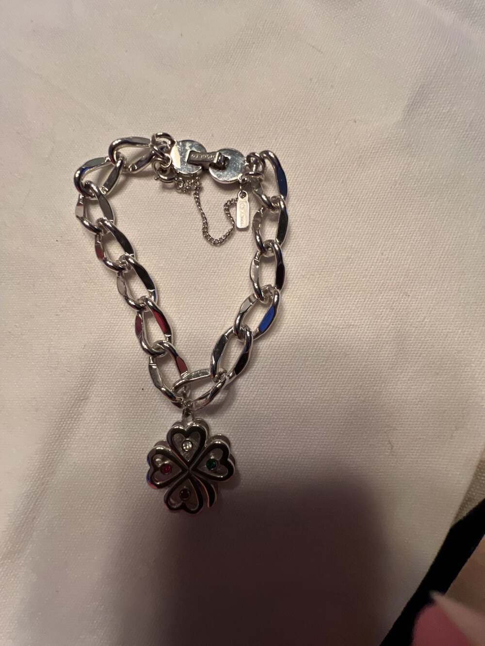 Monet Silver-Tone Link Bracelet with Four-Leaf Clover Charm and Rhinestones